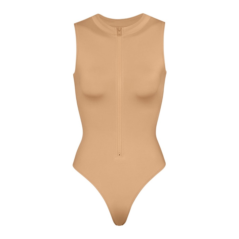 SKIMS SIGNATURE SWIM ZIP FRONT SLEEVELESS ONE PIECE | OCHRE - OCHRE / XL